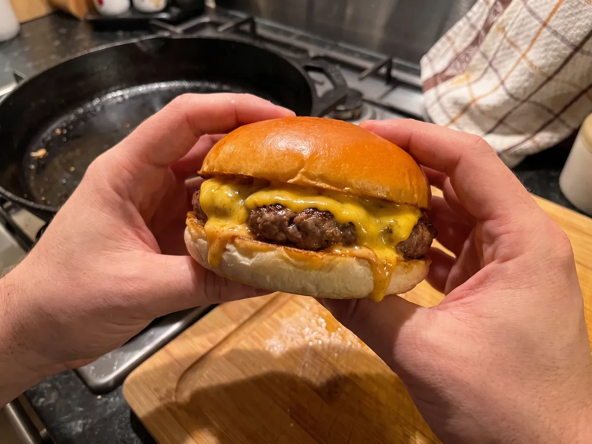 Cheeseburger on a brioche bun, held with both hands, with the bun intact