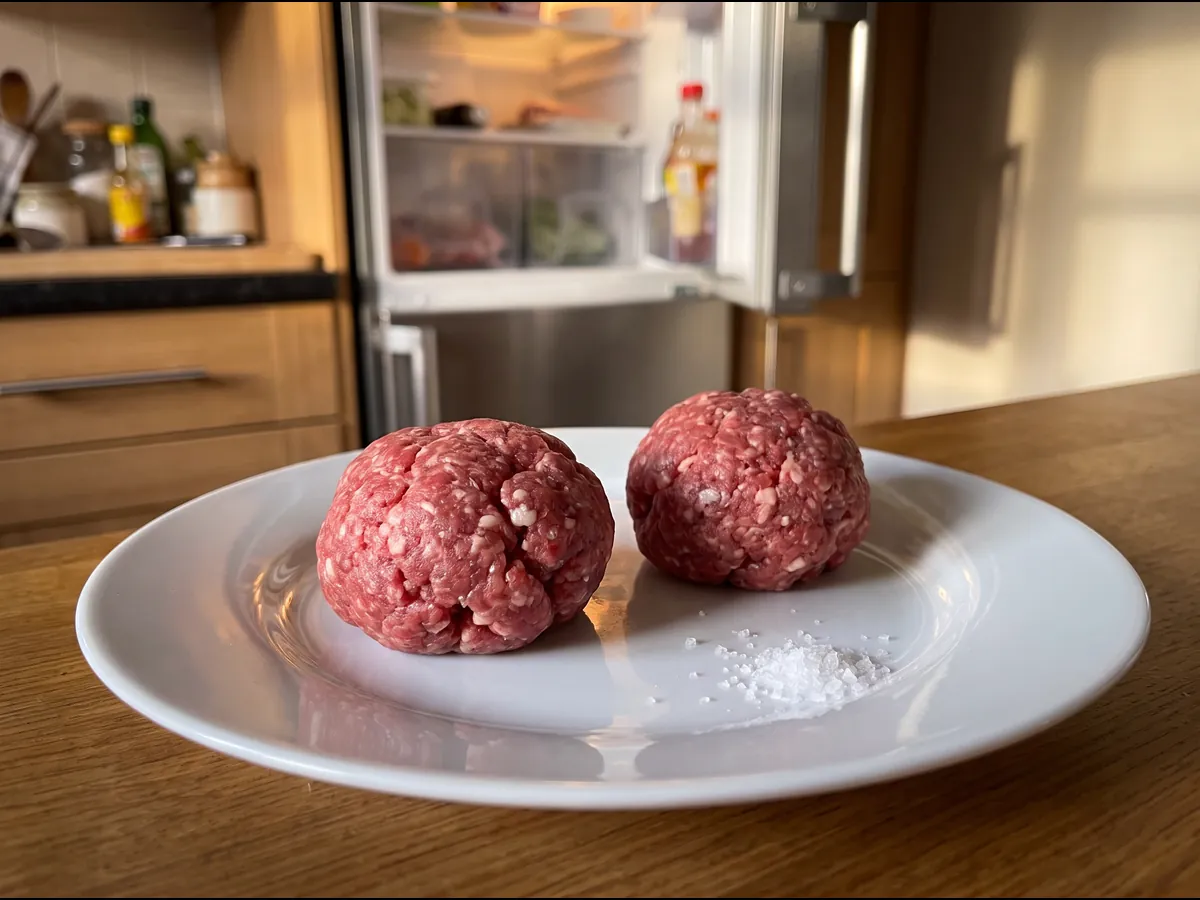 Duas bolas de carne picada de novilho crua num prato