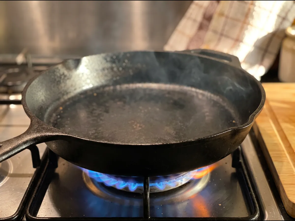 Uma frigideira de ferro vazia a aquecer em lume forte