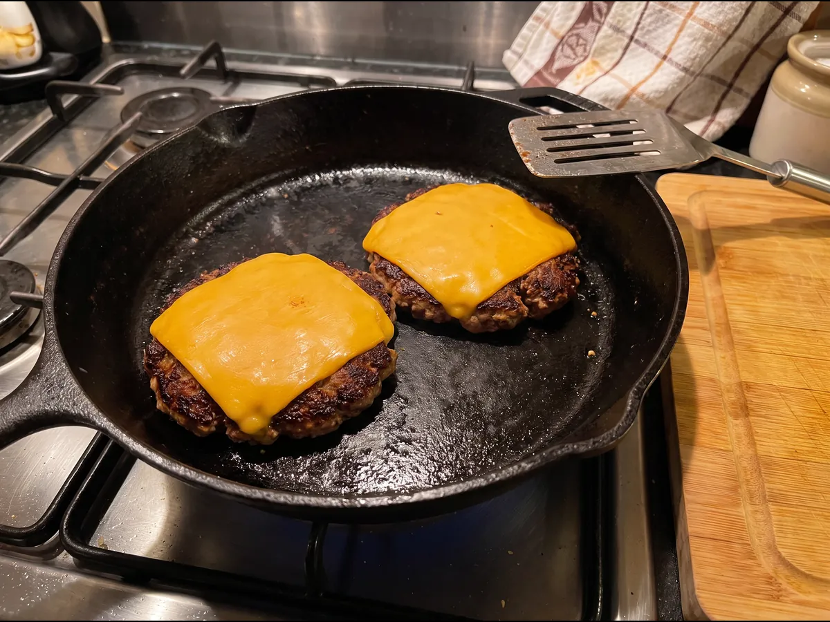 Dois hambúrgueres com as bordas tostadas e queijo cheddar a derreter na frigideira