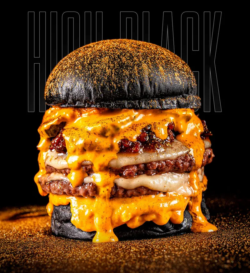 High Black burger built on a black-ink brioche bun